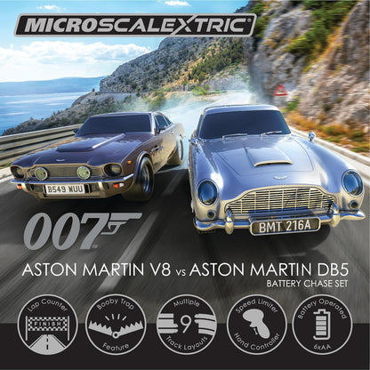Scalextric Micro Scalextric - Conjunto de corrida James Bond 007 - Aston Martin DB5 vs V8 - Conjuntos de corrida movidos a bateria, pistas de corrida de slot car para crianças de 4 anos ou mais, inclui 2 carros, pista, base de bateria e 2 controladores
