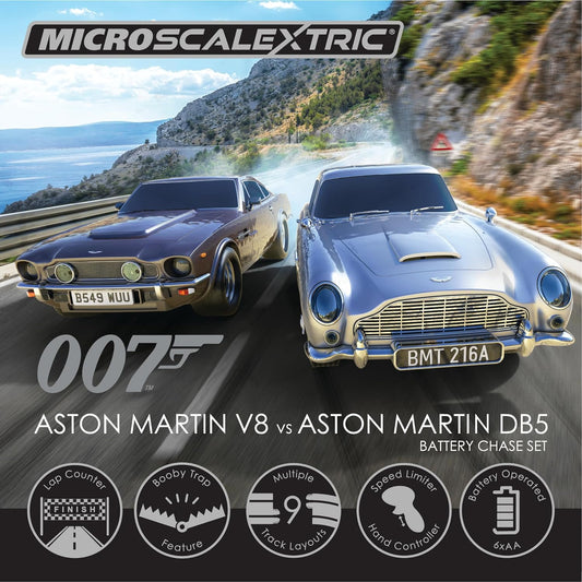 Scalextric Micro Scalextric - James Bond 007 Racing Set - Aston Martin DB5 vs V8 - Sets de carreras con batería, pistas de carreras de autos tragamonedas para niños de 4 años en adelante, incluye 2 autos, pista, base de batería y 2 controladores