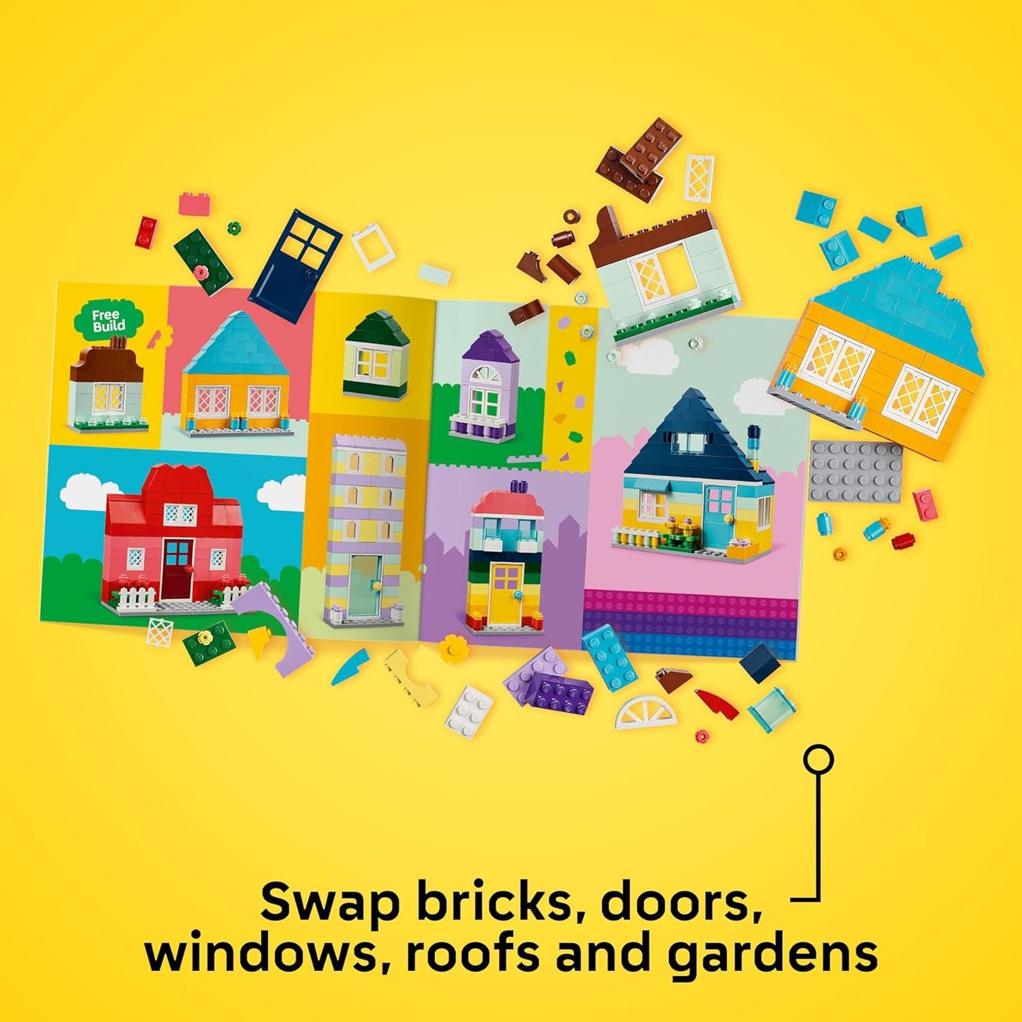 LEGO Casas criativas clássicas, conjunto de brinquedos de construção de tijolos para crianças, meninos e meninas de 4 anos ou mais, presente de brinquedo criativo com acessórios de casa para jovens construtores 11035