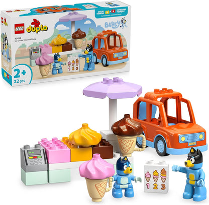 LEGO 10458 DUPLO Bluey: Viagem de Sorvete com Bluey - Brinquedo Educativo de Habilidades Motoras para Crianças, com Carrinho de Brinquedo e Suporte de Sorvete, além de 2 Figuras, incluindo Bandit - Presente para Meninas e Meninos a partir de 2 Anos -