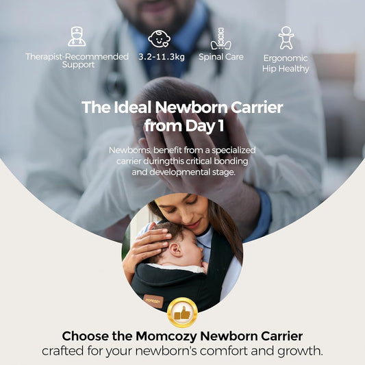 Momcozy Newborn Carrier WeeSnug - Leve e confortável para 3,2-11,3 kg, suporte ergonômico cruzado para as costas, fácil de colocar, carregador de bebê com viva-voz e suporte lombar, preto
