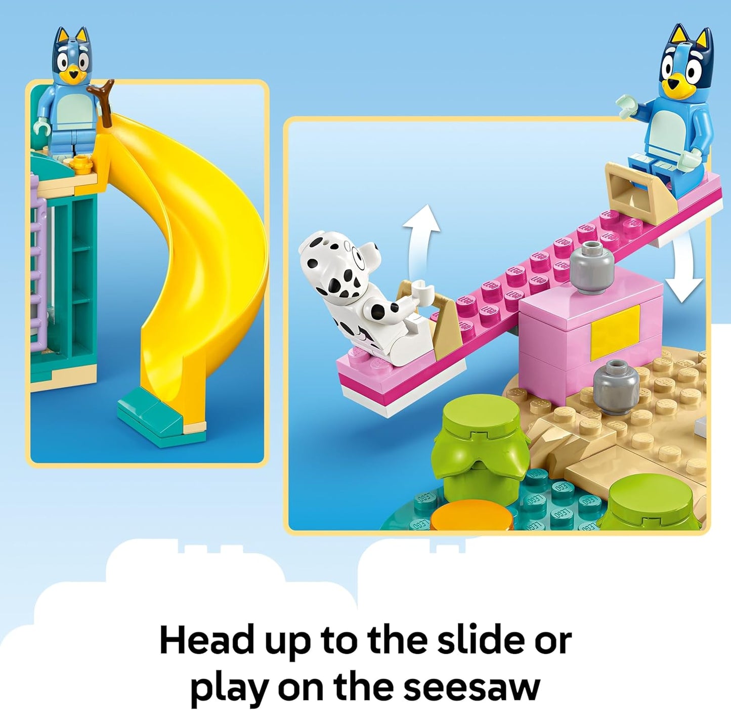 LEGO Diversão no playground Bluey com Bluey e Chloe - Brinquedo para meninas e meninos a partir de 4 anos - inclui 2 minifiguras, um balanço rosa funcional, escorregador, estrutura de escalada e 3 plantas - Presente.