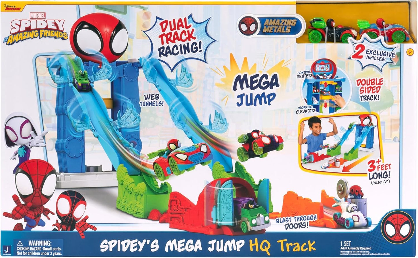 Homem-Aranha e seus Incríveis Amigos - Pista Mega Jump HQ do Homem-Aranha - Pista dupla de 99 cm com elevador, centro de controle, túneis de teia e dois veículos exclusivos da linha Amazing Metals.