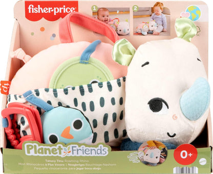 Fisher-Price Brinquedo para recém-nascidos Planet Friends: Rinoceronte de pelúcia que brinca de bruços com atividades sensoriais para bebês a partir de 0 meses, HYR55