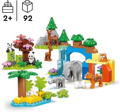 LEGO DUPLO Conjunto de famílias de animais selvagens 3 em 1, brinquedo de aprendizagem infantil Montessori com figuras de tartaruga, tigre, elefante, veado e panda para meninas e meninos de 2 anos ou mais