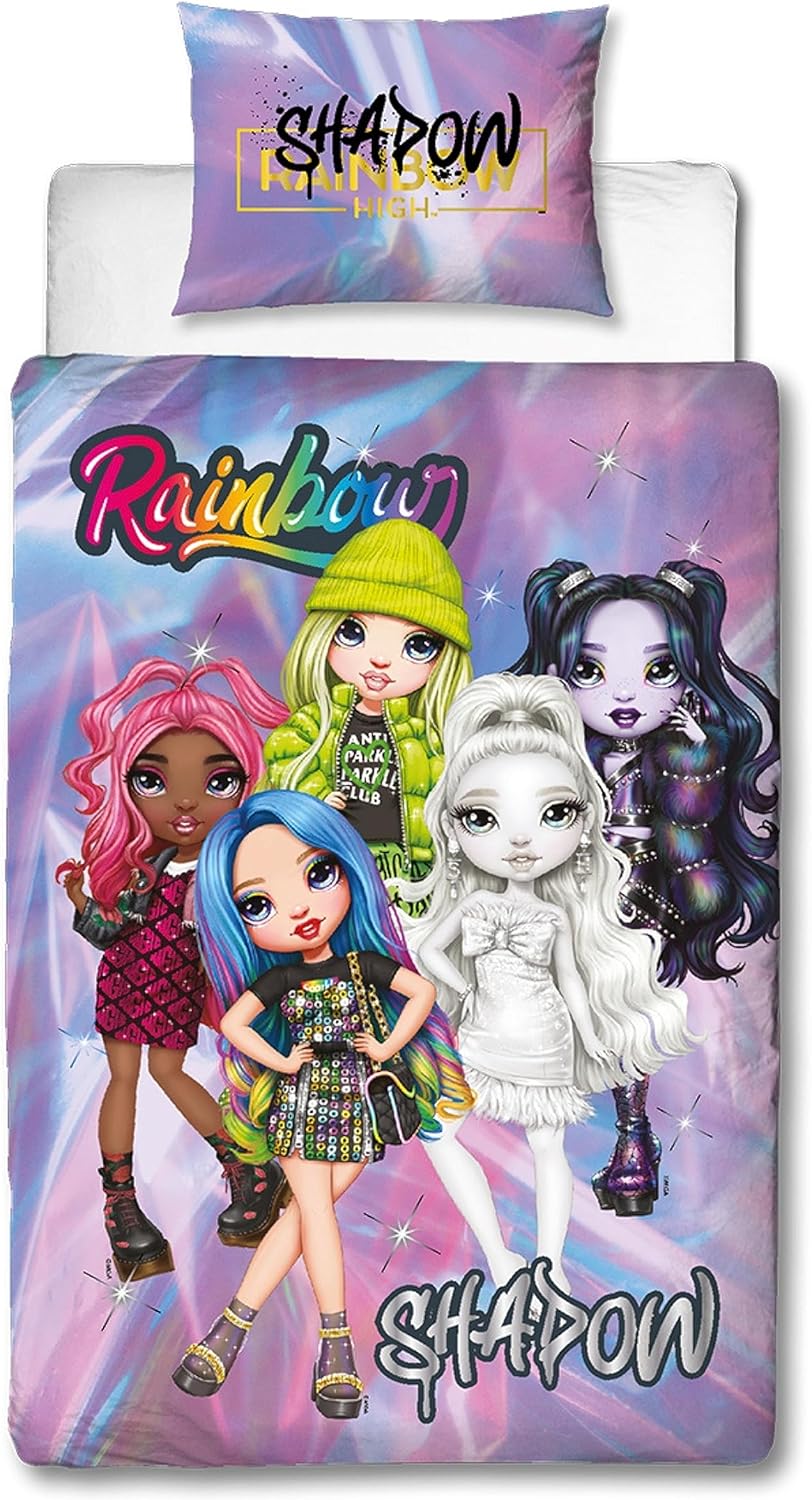 Conjunto de capa de edredom de solteiro oficial da Character World Rainbow High | Design das bonecas Shadow High | Roupa de cama reversível com fronha combinando | Conjunto para cama de solteiro