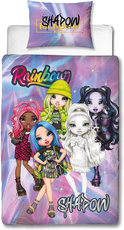 Conjunto de capa de edredom de solteiro oficial da Character World Rainbow High | Design das bonecas Shadow High | Roupa de cama reversível com fronha combinando | Conjunto para cama de solteiro