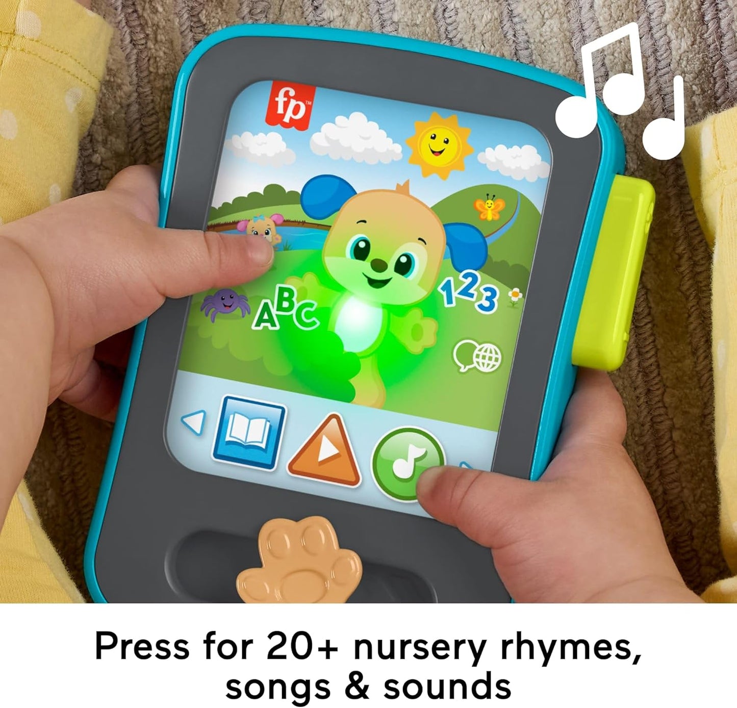 Brinquedo educativo para bebês Fisher-Price: Leitor de histórias em formato de cachorrinho com música e luzes, ideal para crianças a partir de 6 meses. Disponível em vários idiomas: inglês, francês e alemão. JFK28