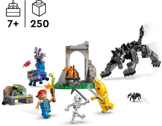 LEGO Brinquedo de Acampamento Fortnite Peely e Sparkplug - inclui bonecos de Lobo e Lhama de Suprimentos, além de uma fogueira e 3 minifiguras - Presente para meninos, meninas e fãs de jogos a partir de 7 anos - 77075