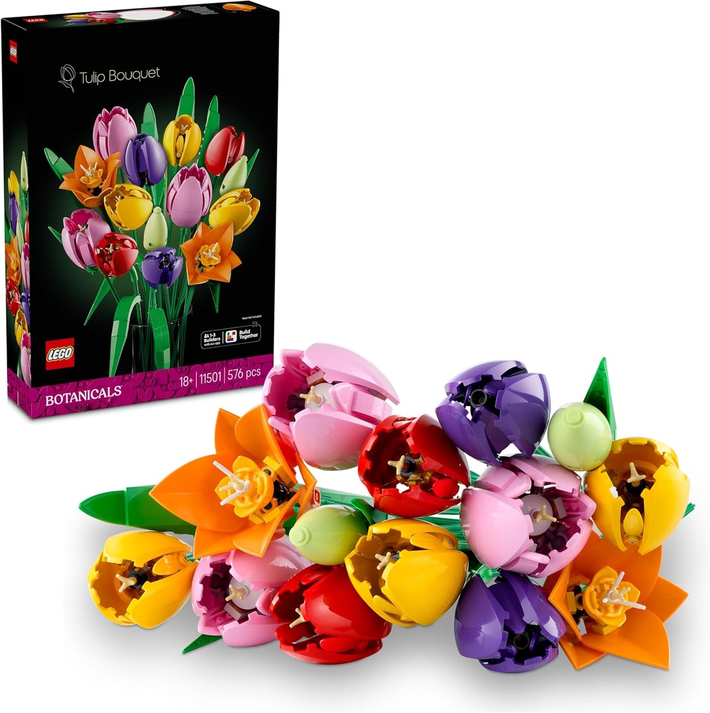 LEGO Botanicals Buquê de Tulipas - Conjunto de Construção de Flores Artificiais para Adultos - Presente DIY para o Dia das Mães, incluindo 14 Tulipas Artificiais em 5 Cores para Decoração de Mesa e Casa - 11501