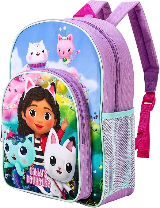 Gabby's Dollhouse Mochila infantil premium para escola, viagem e para meninos e meninas, com bolso lateral em tela e bolso frontal com zíper.