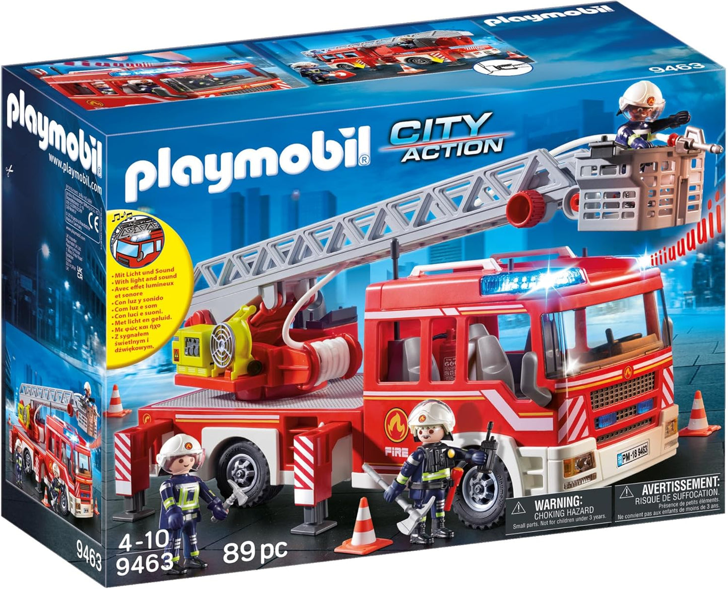 Playmobil 9463 City Action Unidade de Bombeiros com Escada Extensível, Luzes e Sons, brinquedo de bombeiro e helicóptero, brincadeira divertida e imaginativa, conjunto adequado para crianças a partir de 4 anos.