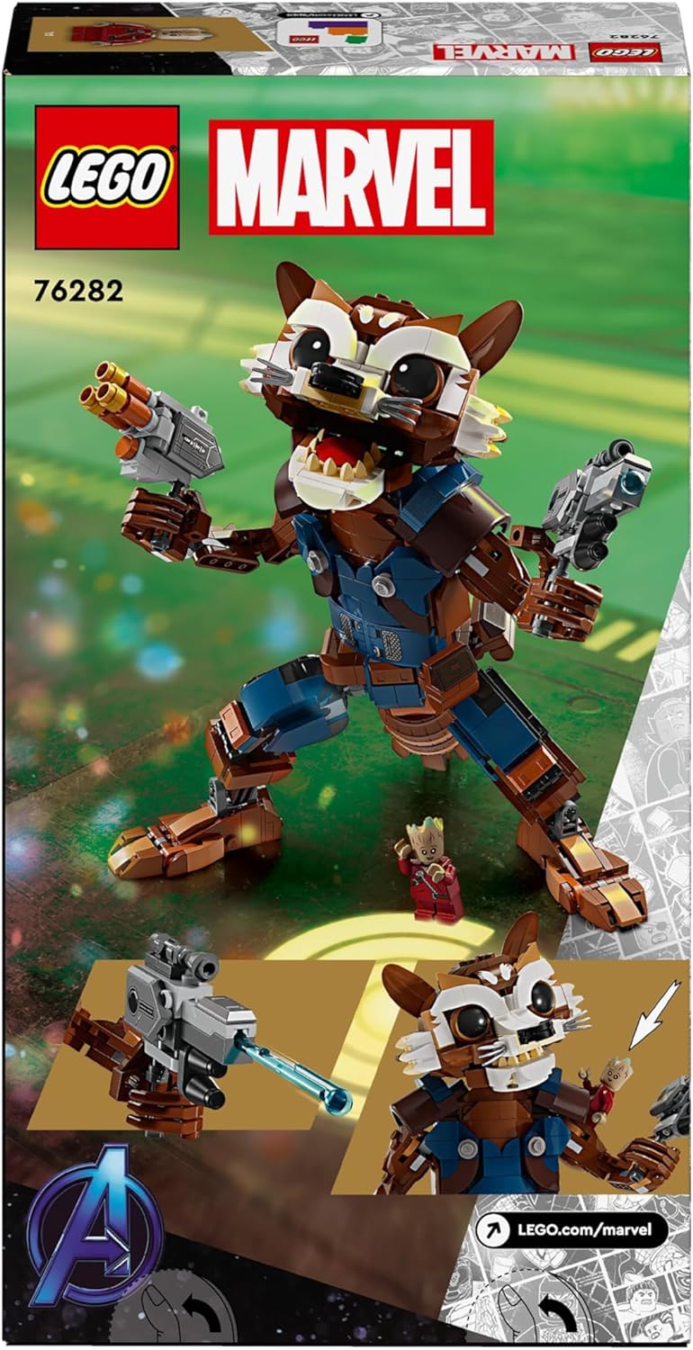 LEGO Marvel Rocket e Baby Groot, brinquedo montável dos Guardiões da Galáxia, boneco de ação de guaxinim para crianças, meninos e meninas, presentes ajustáveis de super-heróis 76282