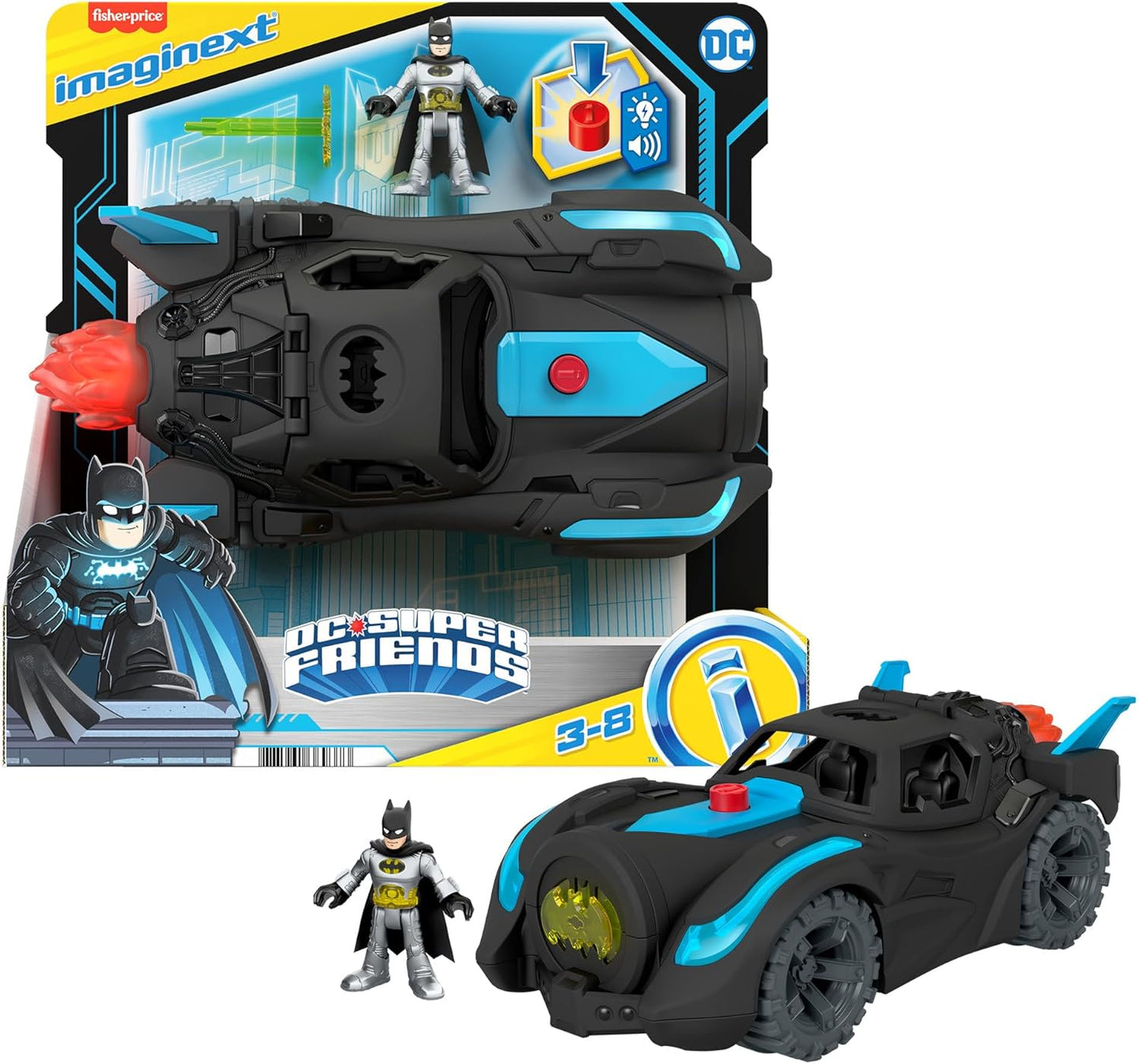 Batmóvel Fisher-Price Imaginext DC Super Friends com luzes e sons, brinquedo do Batman para crianças em idade pré-escolar a partir de 3 anos, HGX96