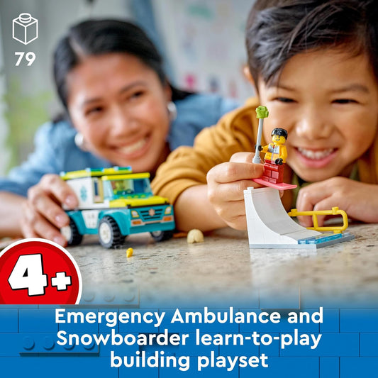 LEGO Ambulância de emergência urbana e brinquedos para veículos de snowboard para crianças de 4 anos ou mais, meninos e meninas com minifiguras de pensionistas e paramédicos, brinquedo de construção para brincadeiras imaginativas, ideia de presente 60403
