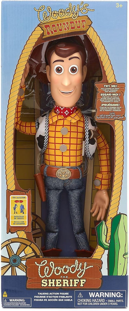 Disney Boneco de ação interativo e falante do Xerife Woody, oficial da Store, do filme Toy Story da Pixar, 39 cm/15 polegadas. Boneco cowboy com cordão que fala mais de 15 frases em inglês e interage com outros personagens.