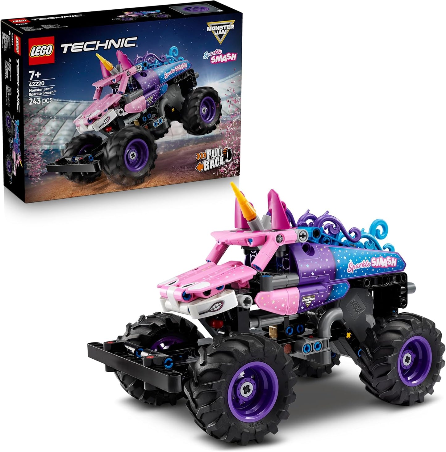 LEGO Technic Monster Jam Sparkle Smash Caminhão de Brinquedo com Mecanismo de Fricção - Kit de Modelo de Carro de Corrida com Tema de Unicórnio Rosa - Presente de Aniversário Criativo para Meninos, Meninas e Fãs a partir de 7 Anos - 42220