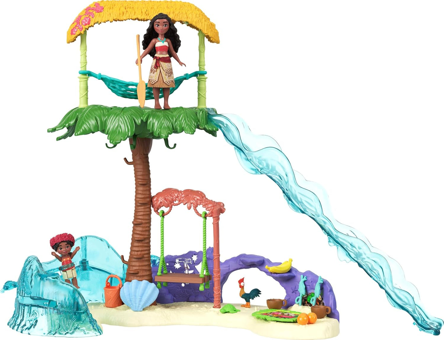 Mattel Brinquedos Disney Moana 2: Conjunto Aventura na Ilha da Moana com bonecas pequenas da Moana e da Simea, 2 personagens amigos, 5 áreas de brincar e 8 acessórios (JFF12)