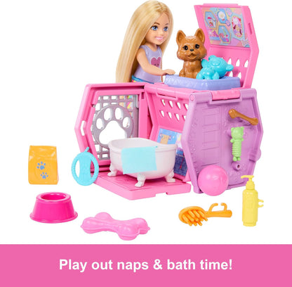 Barbie Conjunto de Brinquedo Chelsea® com Bolsa para Cachorrinho, Boneca Pequena Loira e Acessórios, Bolsa para Cachorrinho com Peças Temáticas de Cachorrinho, JDF89