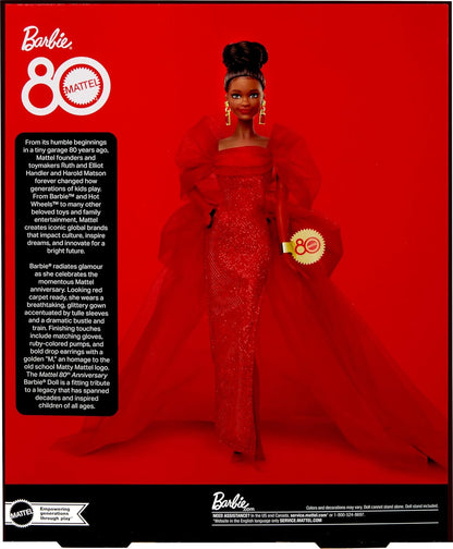 Barbie Boneca Signature, Edição Colecionável do 80º Aniversário da Mattel, em Vestido de Tule Vermelho Brilhante com Brincos Pendentes e Luvas Transparentes, Morena, JBJ18