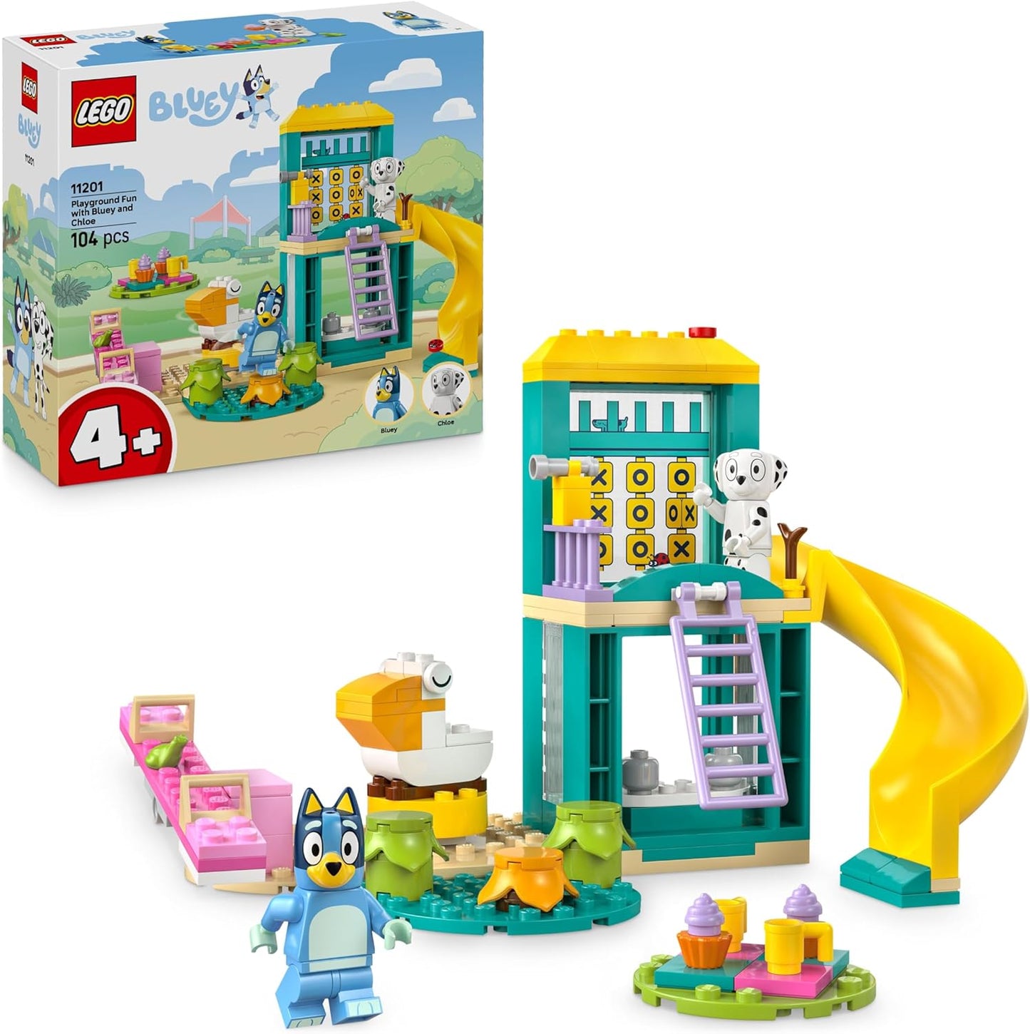 LEGO Diversão no playground Bluey com Bluey e Chloe - Brinquedo para meninas e meninos a partir de 4 anos - inclui 2 minifiguras, um balanço rosa funcional, escorregador, estrutura de escalada e 3 plantas - Presente.