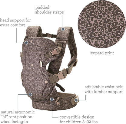 Infantino Canguru Flip Advanced 4 em 1 - Ergonômico, conversível, para uso com o bebê virado para dentro ou para fora, para uso na frente e nas costas, para recém-nascidos e crianças de 3,6 a 14,5 kg, estampa de leopardo