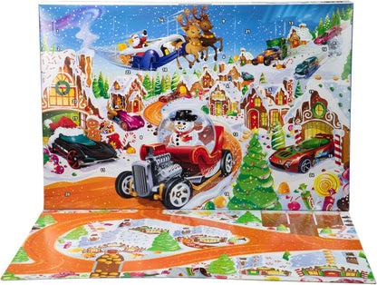 Conjunto de Carrinhos e Playset Hot Wheels, Calendário do Advento 2025 com 10 Veículos em Escala 1:64, 10 Clips para Enfeites e 14 Acessórios com Tema de Inverno, JCB47
