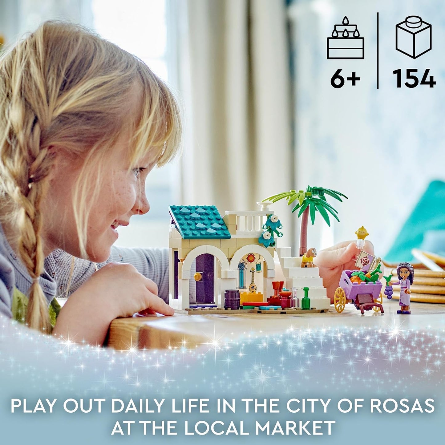 LEGO 43223 Disney Wish Asha na cidade de Rosas, Wish Movie Set com miniboneca Asha, brinquedo de cabra Valentino e bonecos de estrela, presente para crianças, meninas e meninos com mais de 6 anos