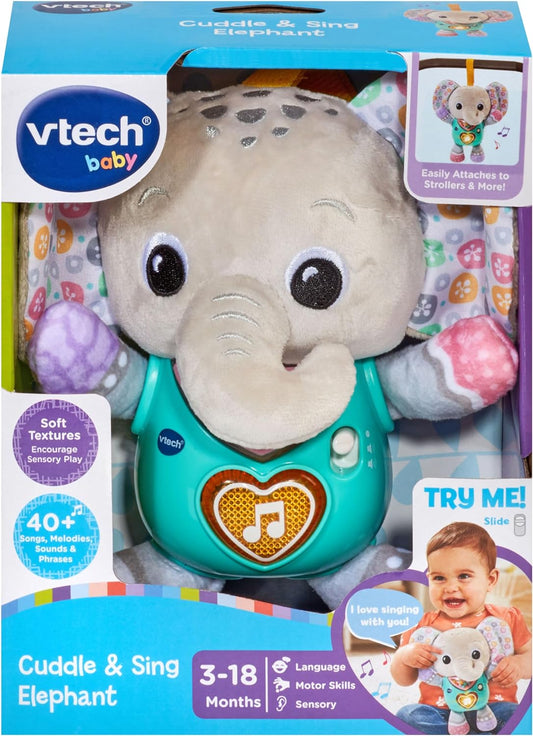 VTech Baby Cuddle & Sing Elephant, brinquedo interativo para bebês com luzes, números e músicas, chocalhos e texturas, presente para bebês de 3, 6, 9, 12 meses +, versão em inglês