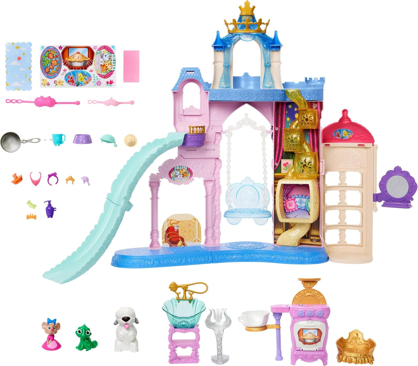 Mattel Conjunto de Brinquedo Castelo dos Pets das Princesas Disney , com mais de 60 cm de altura | 7 áreas de brincar, 3 figuras de animais, móveis e 17 acessórios, Casa de Bonecas Palácio dos Pets, inspirado nos filmes da Disney, JBF96