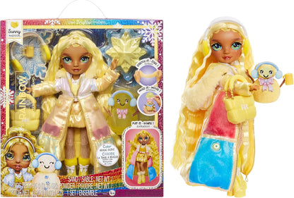 Rainbow High Winter Wonderland - Sunny (Amarela) - Boneca Fashion de 28 cm, com Neve Mágica Escondida que se Transforma com Água, Acompanha Kit de Boneco de Neve, Adequada para Crianças de 4 a 12 Anos e Colecionadores.