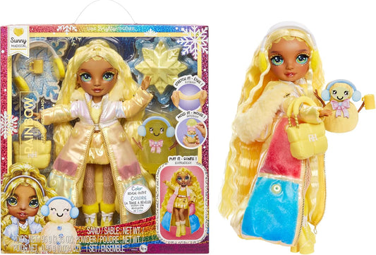 Rainbow High Winter Wonderland - Sunny (Amarela) - Boneca Fashion de 28 cm, com Neve Mágica Escondida que se Transforma com Água, Acompanha Kit de Boneco de Neve, Adequada para Crianças de 4 a 12 Anos e Colecionadores.