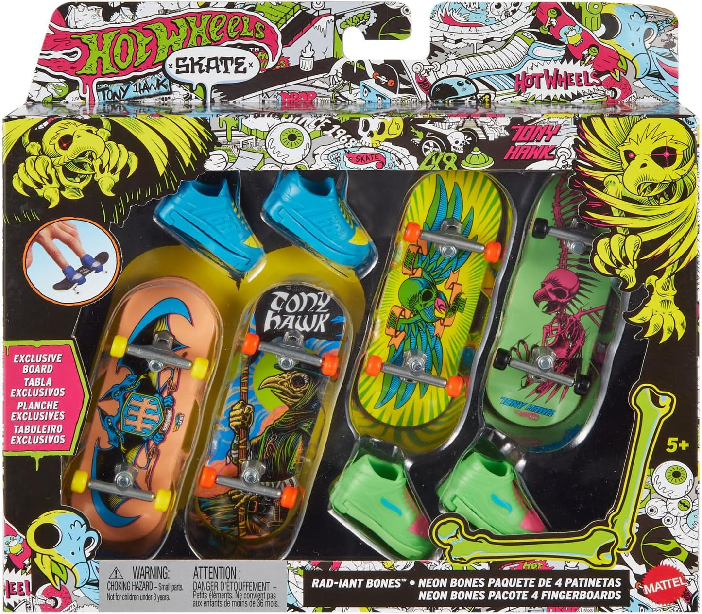 Hot Wheels Skate Neon Bones - Conjunto com 4 skates de dedo e sapatos de skate removíveis, inspirados no Tony Hawk. Desenvolvido em colaboração com Tony Hawk, HXK84.