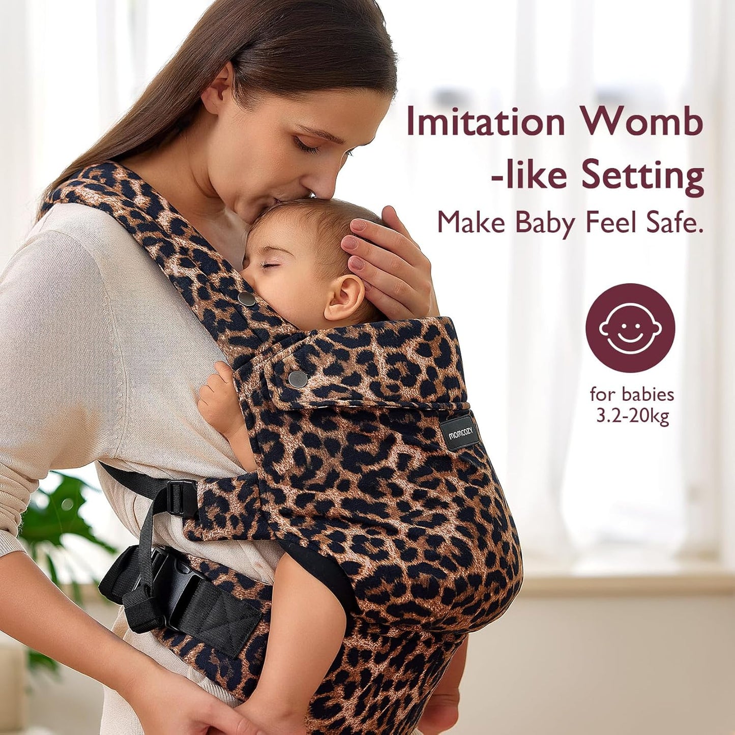 Momcozy - Canguru ergonômico, confortável e leve para bebês de 3 a 24 meses, fácil de colocar, ideal para pais com as mãos livres, suporte lombar reforçado, estampa de leopardo
