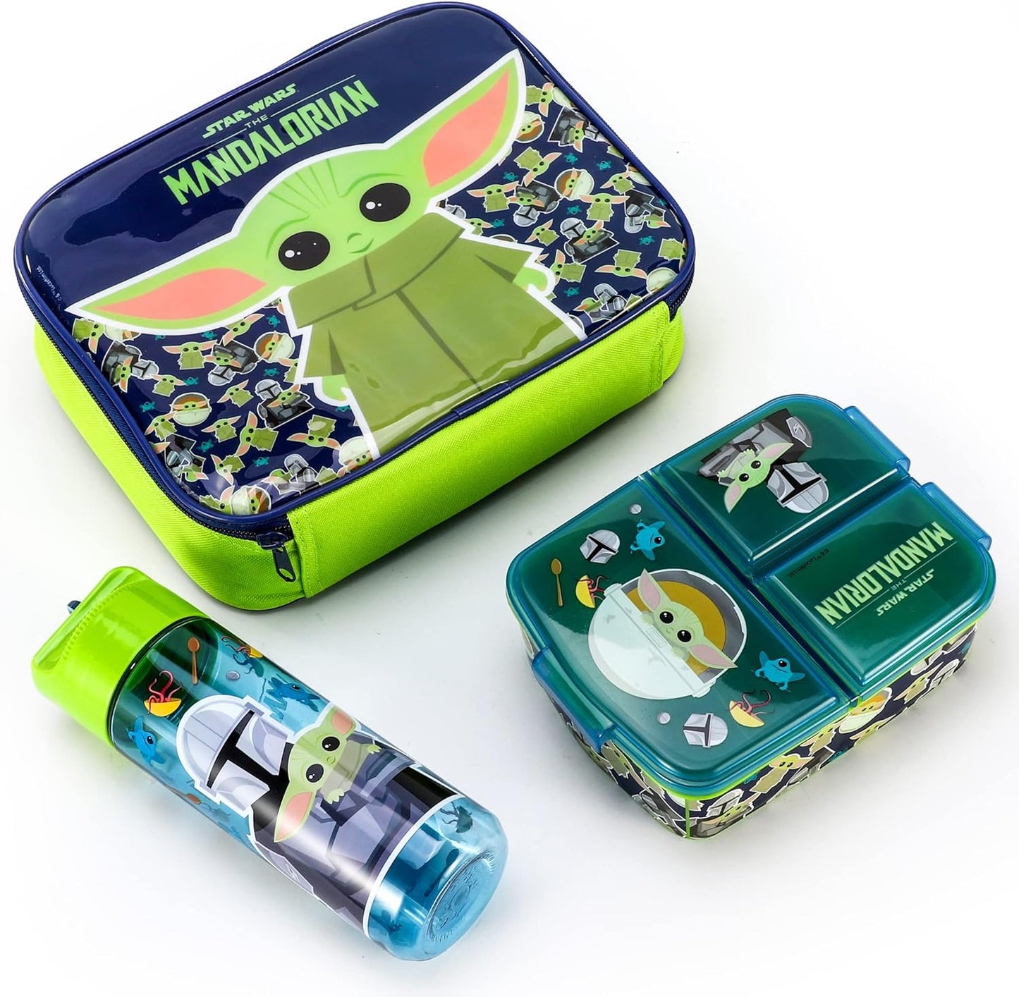 Zawadi Global Conjunto de lancheira infantil Star Wars Mandalorian Kids - lancheira isolada, lancheira com vários compartimentos e garrafa de água de 540 ml - conjunto de comida para almoço de viagem escolar,