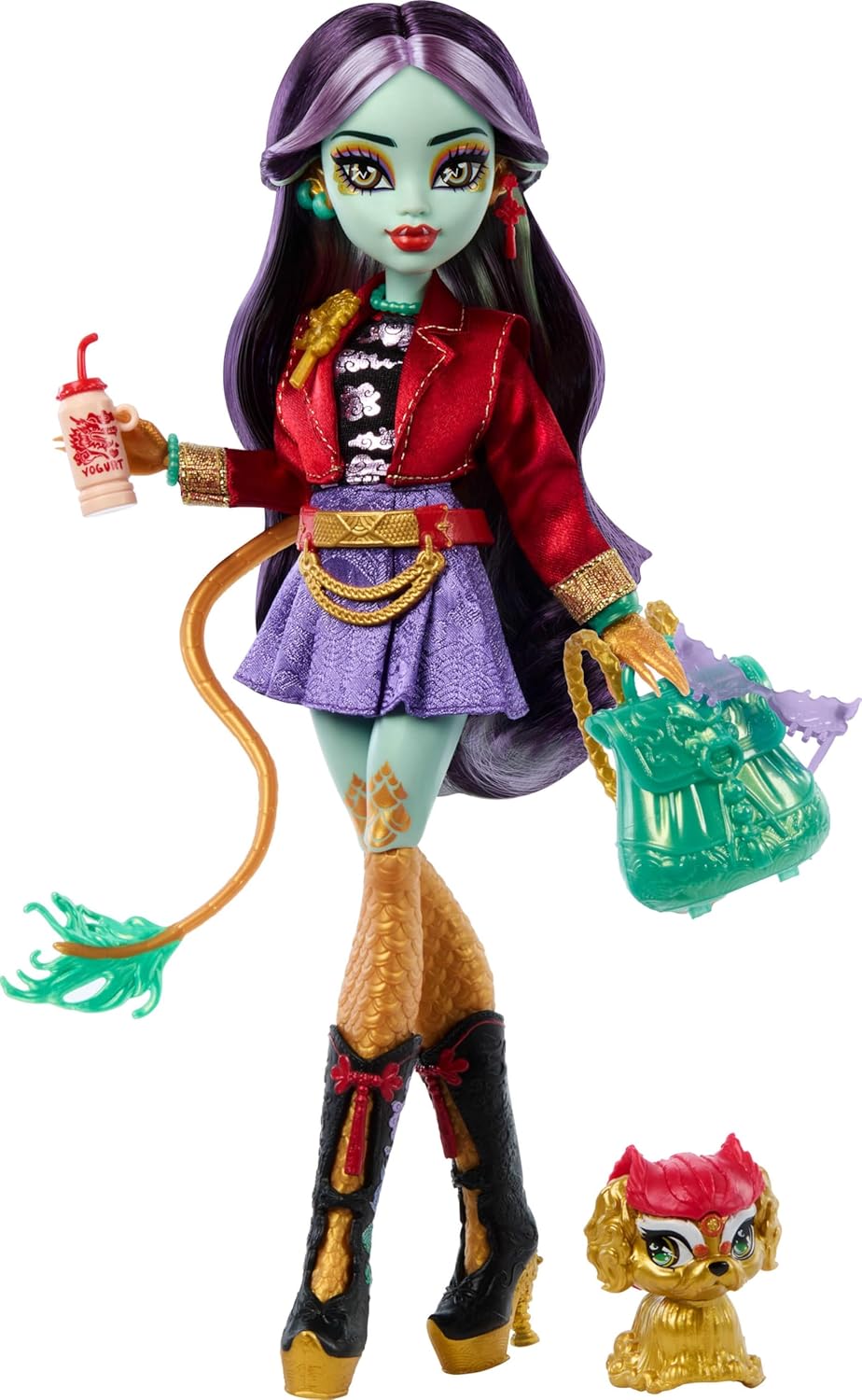 Monster High Boneca Jinafire Long, Dragão com o cachorro de estimação Cloudy “Yun Yun” e 7 acessórios como bloco de desenho, iogurte, mochila e muito mais, HYV58