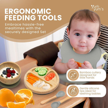 Yum Yum Conjunto com 6 peças para alimentação infantil: pratos com ventosa, pratos de bambu, tigela e colheres de madeira | Kit para introdução alimentar, tigela com ventosa, prato, babadores e conjunto de bambu para bebês.