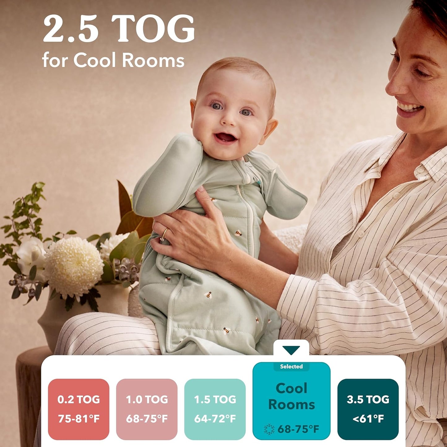 Love To Dream™ Saco de Transição Swaddle UP™, Médio 6-8,5 kg - Rosa Pebbles | Ajuste perfeito com abas removíveis | 2,5 Tog | Ideal para inverno e outono (16–20 °C) | Algodão lavável à máquina e zíper duplo