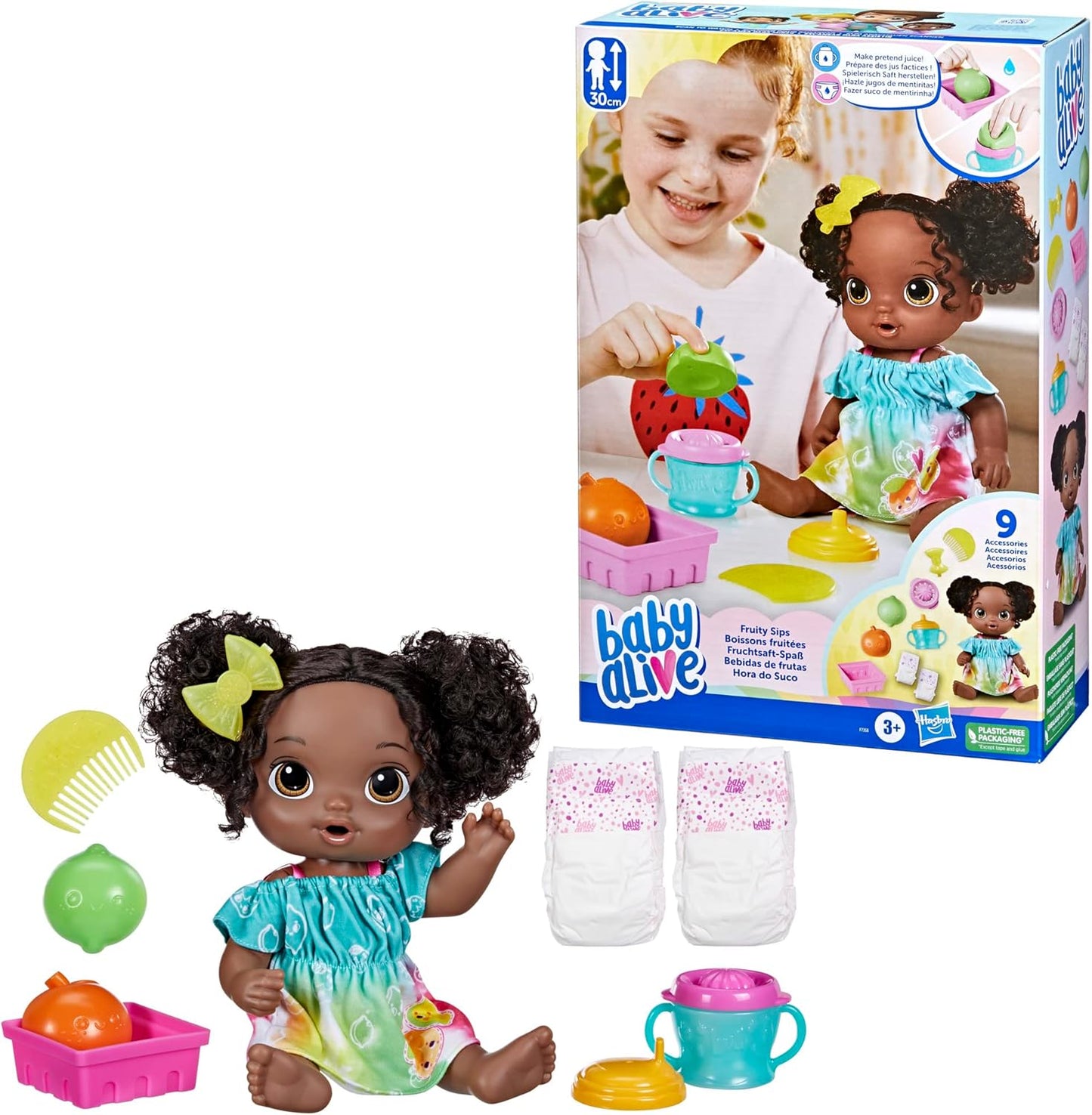Baby Alive Boneca Fruity Sips, Lima, Conjunto de Boneca de Bebê Espremedor de Fingir, Bebidas e Molhos, Brinquedo para Crianças de 3 Anos ou Mais, Cabelo Preto