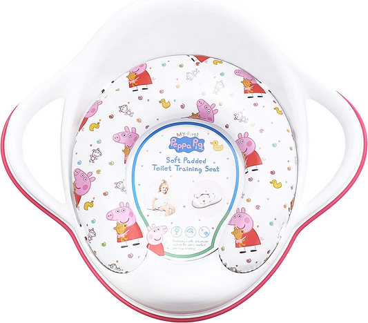 Peppa Pig Asiento de entrenamiento acolchado suave con respaldo alto y asas - Portátil para viajar y fácil de limpiar - Entrene a su hijo para ir al baño con su personaje favorito de Peppa Pig - Plástico antideslizante
