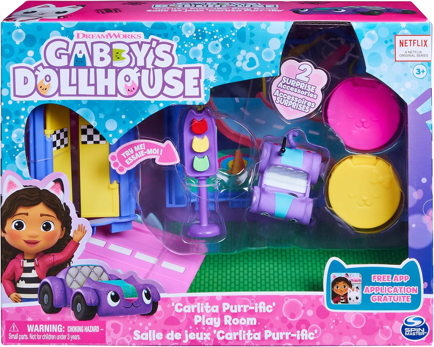 Gabby's Dollhouse, Quarto Doces Sonhos com Almofada em Forma de Gato e 3 Acessórios, Sala de Brincar Carlita Purr-ific com Carrinho de Brinquedo Carlita e Acessórios