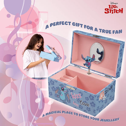 Disney - Musical Stitch & Angel Jewellery Box para meninas | Oficialmente licenciado | Melodia mágica de corda, boneco giratório | 18,5 cm C x 12 cm L x 10 cm P, azul, tamanho único, plástico