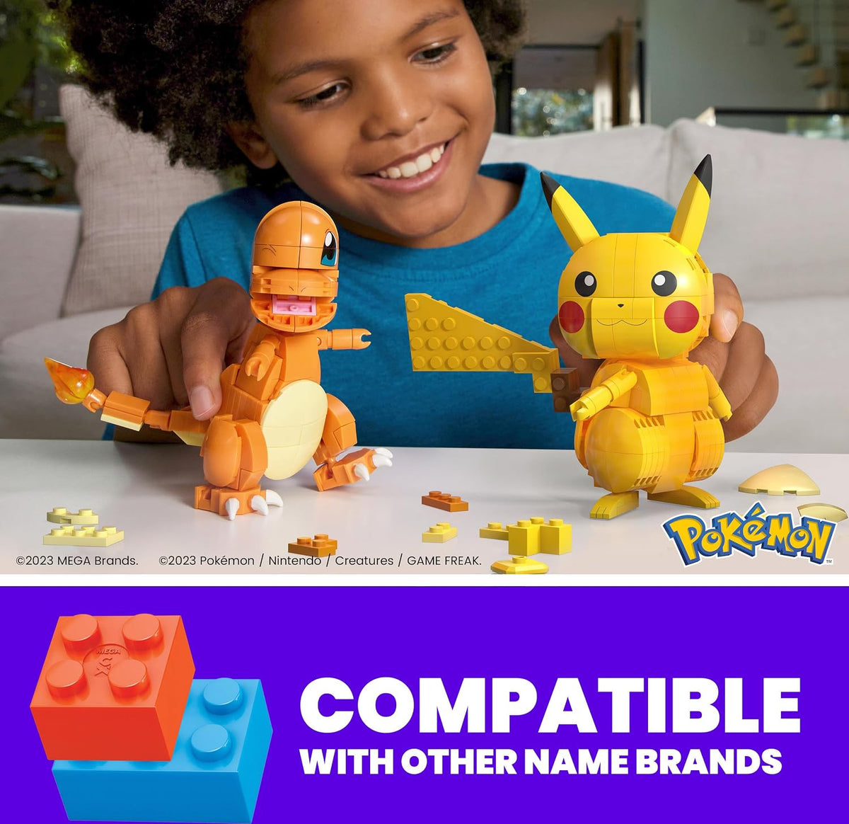 MEGA Brinquedos de Montar Pokémon (Figura de Ação) para Crianças – Trio da Região de Kanto com 529 Peças: Pikachu, Charmander e Meowth Montáveis e Articulados