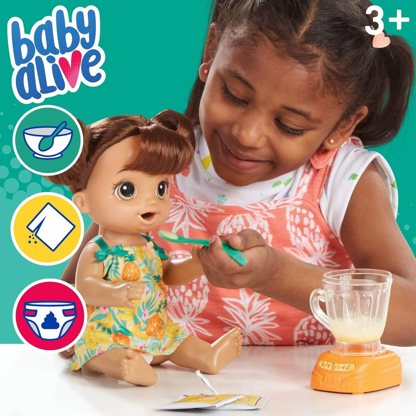 Baby Alive Magical Mixer Boneca Tropical Treat com acessórios de liquidificador, bebidas, molha, come, brinquedo de cabelo castanho para crianças a partir de 3 anos