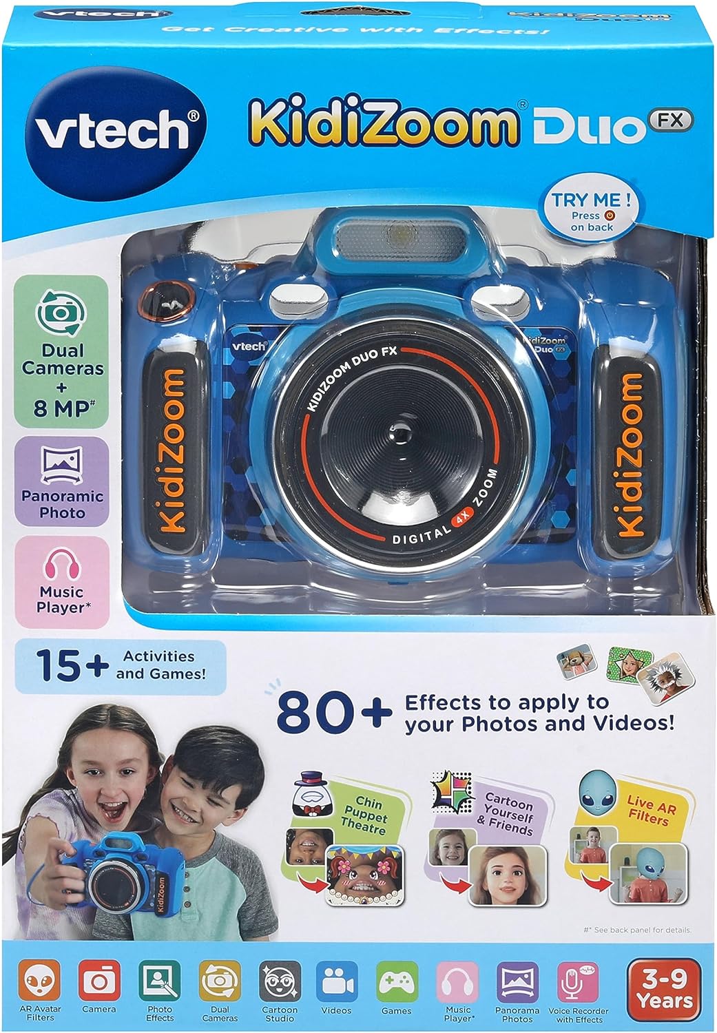 VTech KidiZoom Duo FX, câmera infantil com tela colorida, 8 MP, fotos, selfies e vídeos, filtros AR, 20 jogos, 75 efeitos de foto e vídeo, filtros e molduras, para bebês de 3, 4, 5, 6, 7 anos ou mais, azul