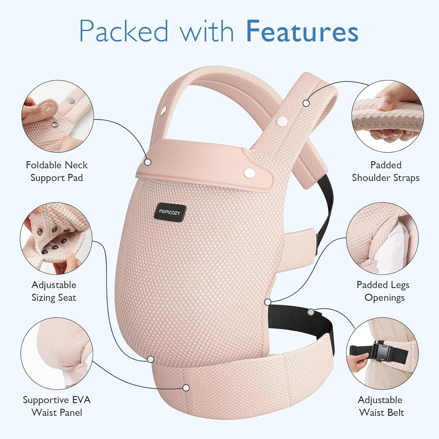 Momcozy Canguru em malha respirável, ergonômico e leve para bebês de 3 a 24 meses com suporte lombar reforçado, conforto durante todo o dia para que você possa cuidar do seu bebê com as mãos livres, malha respirável - rosa.