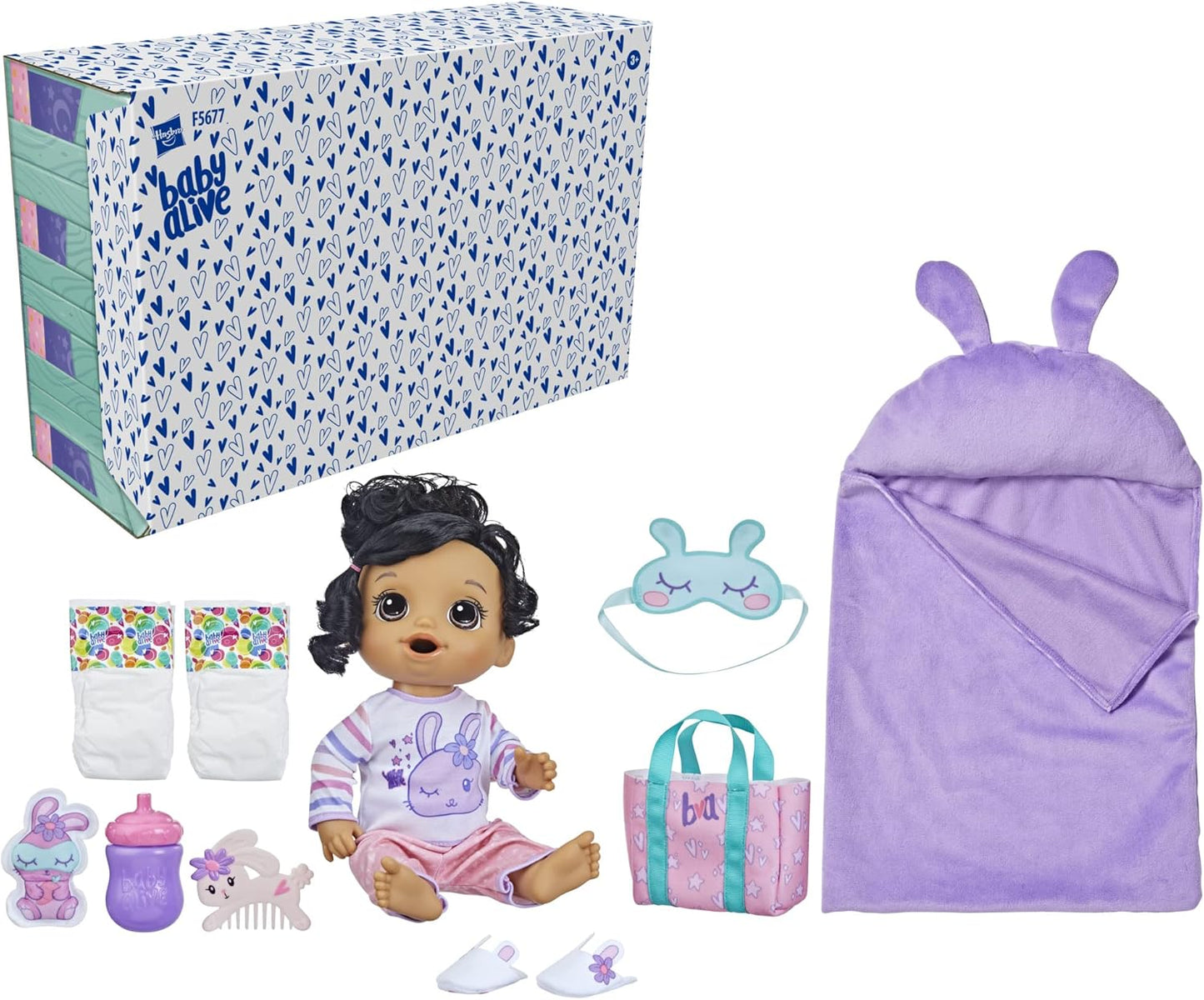 Boneca Baby Alive Bunny Sleepover, bonecas de 12 polegadas com tema para dormir, saco de dormir e acessórios para bonecas com tema de coelho, brinquedos para meninas e meninos de 3 anos e acima, cabelo castanho (exclusivo da Amazon)