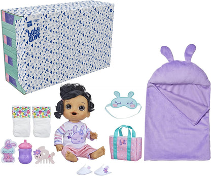 Boneca Baby Alive Bunny Sleepover, bonecas de 12 polegadas com tema para dormir, saco de dormir e acessórios para bonecas com tema de coelho, brinquedos para meninas e meninos de 3 anos e acima, cabelo castanho (exclusivo da Amazon)
