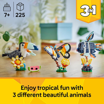 LEGO Creator 3 em 1 Animais Selvagens: Tucano Tropical com Flor - Animal de Brinquedo que se Transforma em uma Borboleta ou um Peixe Tropical - Presente Criativo para Meninas e Meninos a partir de 7 Anos - 31173