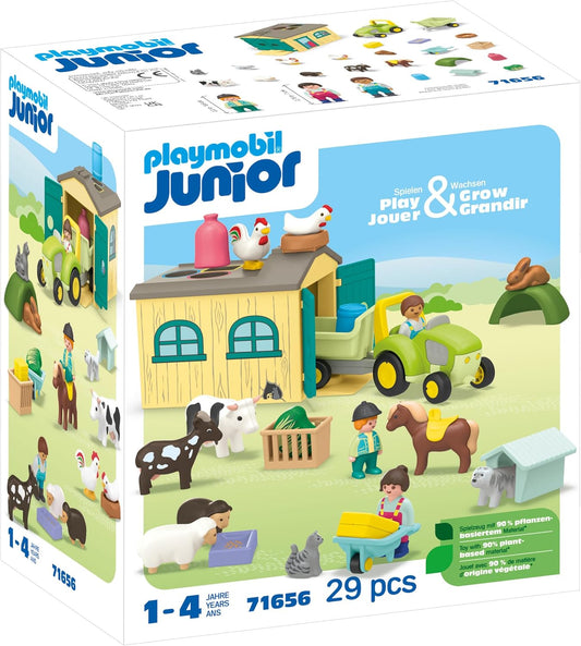 Playmobil 71656 JUNIOR: Farm Adventure com Trator, Trailer e Animal Friends, brinquedo educativo, feito com mais de 90% de plástico de origem vegetal